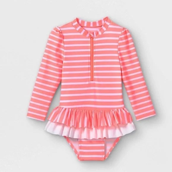 Cat & Jack Toddler Girls' Striped Zip-Front One Piece Rash Guard NWT - Picture 1 of 3